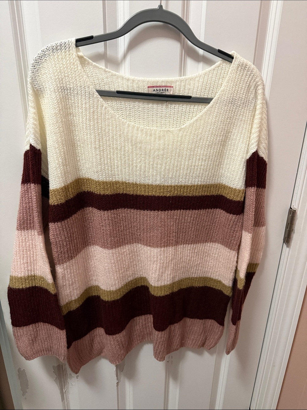 ANDREE BY UNIT Cream, Pink & Maroon Striped Scoop Neck Sweater